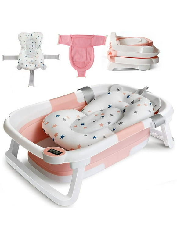 TOPCHANCES Collapsible Baby Bathtub with Thermometer,  Newborn Baby Shower Tub + Baby Tub Cushion + Bath Net, Portable Baby Folding Bathtub for 0-36 Month Newborn (Pink)