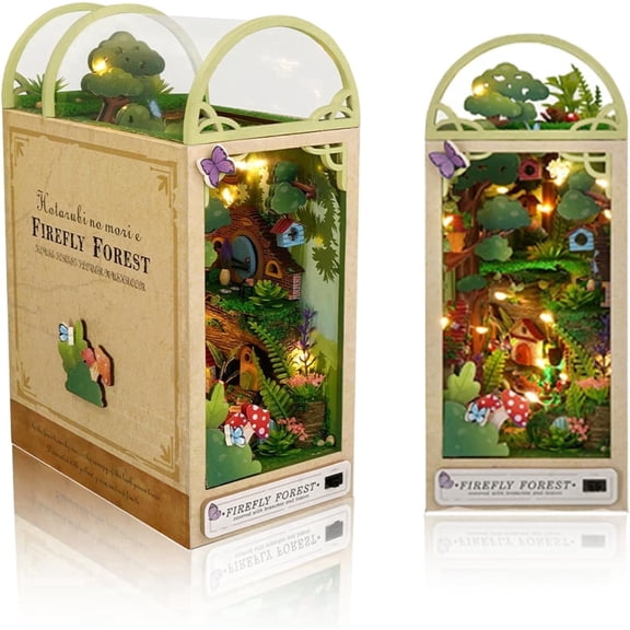 TOPCHANCES DIY Book Nook Kit, 3D Wooden Puzzle Bookshelf Insert Decor with LED Light, DIY Miniature Dollhouse Model Kit, Christmas Decorations Gifts for Ages 14+ (Wonderland)