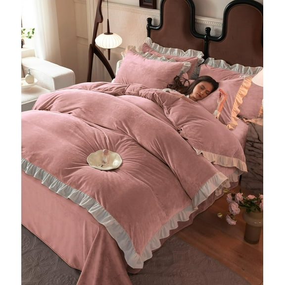 TOPCHANCES Duvet Cover Set, Soft Velvet Bedding Set with One Pillowcase for Twin Size Bed, 67*89 inch (Pink)