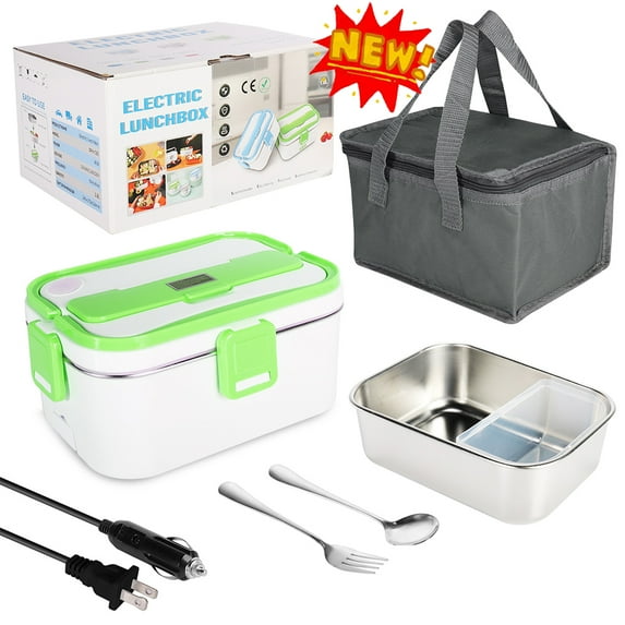 TOPCHANCES Electric Heating Lunch Box, Leak Proof Food Warmer Container for Car Home Office, 12V 24V /110V, 1.8L Food Heater with Fork & Spoon & Carry Bag, Green