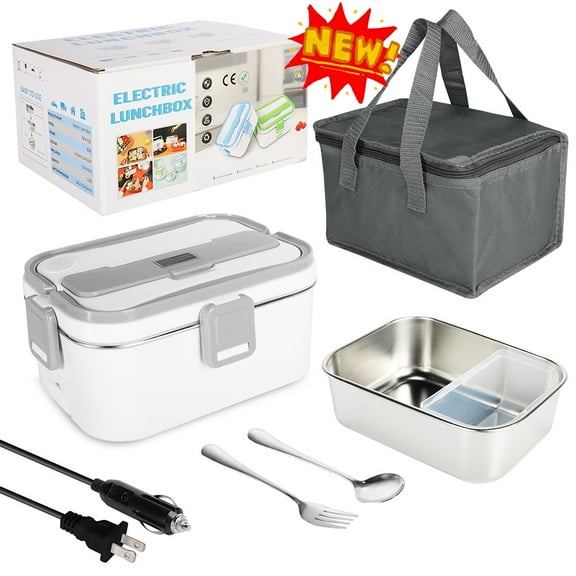 TOPCHANCES Electric Heating Lunch Box, Leak Proof Food Warmer Container for Car Home Office, 12V 24V /110V, 1.8L Food Heater with Fork & Spoon & Carry Bag, Grey White