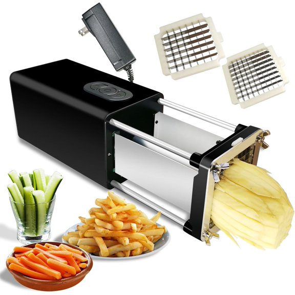 TOPCHANCES Electric Potato Cutter, French Fry Cutter with 2 Blades-1/2in & 3/8in, Electric Vegetable Chopper for Potatoes Cucumbers Carrots (Black)