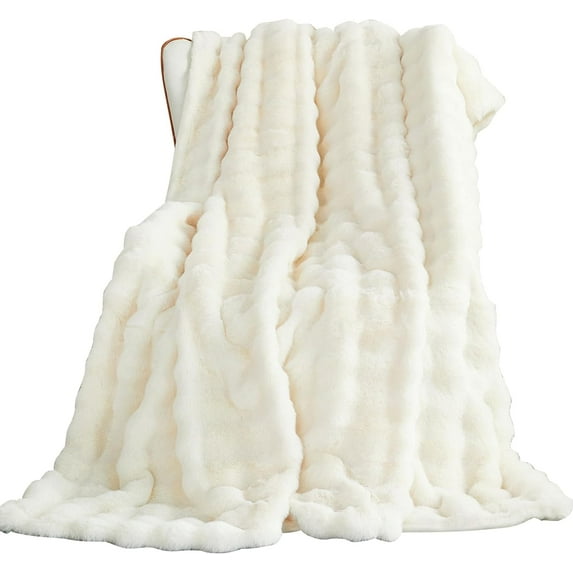 TOPCHANCES Faux Fur Throw Blankets, Soft Luxury Plush Blanket, Fleece Throw Blanket for Sofa Couch, White, 51*63inches