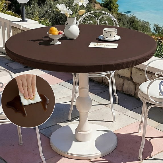 TOPCHANCES Fitted Round PVC Tablecloth 35 Inch, Waterproof Oil-Proof Vinyl Table Cover for Kitchen Dinning Room Picnic Holiday Party Decoration (Brown)