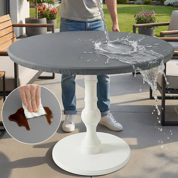 TOPCHANCES Fitted Round PVC Tablecloth 35 Inch, Waterproof Oil-Proof Vinyl Table Cover for Kitchen Dinning Room Picnic Holiday Party Decoration (Gray)