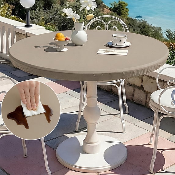 TOPCHANCES Fitted Round PVC Tablecloth 47 Inch, Waterproof Oil-Proof Vinyl Table Cover for Kitchen Dinning Room Picnic Holiday Party Decoration (Khaki)