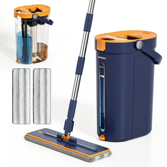 TOPCHANCES Flat Mop System, Mop and Bucket with Wringer Set, Flat Squeeze Mop with 2pcs Microfiber Pads (Blue)