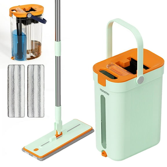 TOPCHANCES Flat Mop System, Mop and Bucket with Wringer Set, Flat Squeeze Mop with 2pcs Microfiber Pads (Green)