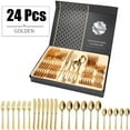 thumbnail image 1 of TOPCHANCES Flatware Set, 24-Piece Stainless Steel Flatware Set with Premium Gift box, Include Knife/Fork/Spoon/Teaspoon Service for 6, Mirror Finish, Smooth Edge, Dishwasher Safe, Golden, 1 of 11