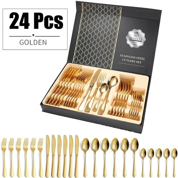 TOPCHANCES Flatware Set, 24-Piece Stainless Steel Flatware Set with Premium Gift box, Include Knife/Fork/Spoon/Teaspoon Service for 6, Mirror Finish, Smooth Edge, Dishwasher Safe, Golden