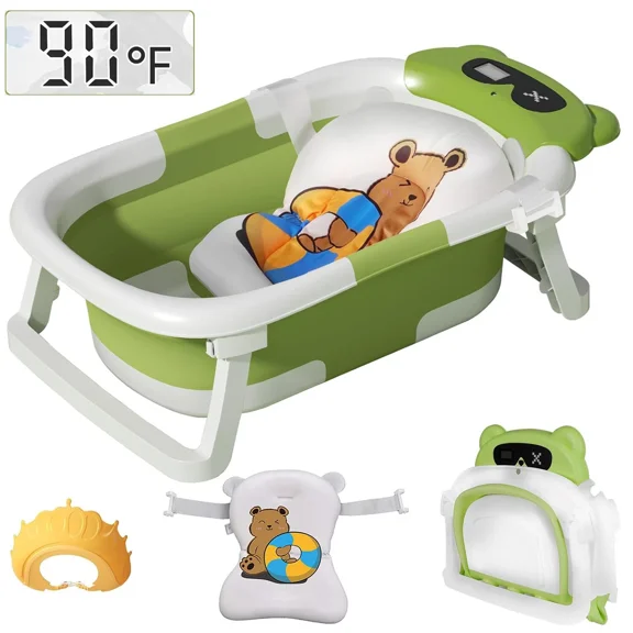 TOPCHANCES Foldable Baby Bathtub for Infants to Toddler, Portable Travel Bathtub with Thermometer & Bath Cushion & Bath Cap, Baby Bathtub for Newborn 0-12 Month (Green)