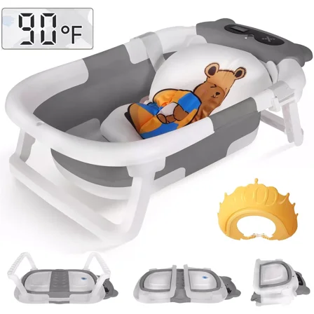 TOPCHANCES Foldable Baby Bathtub for Infants to Toddler, Portable Travel Bathtub with Thermometer & Bath Cushion & Bath Cap, Baby Bathtub for Newborn 0-12 Month (Grey)