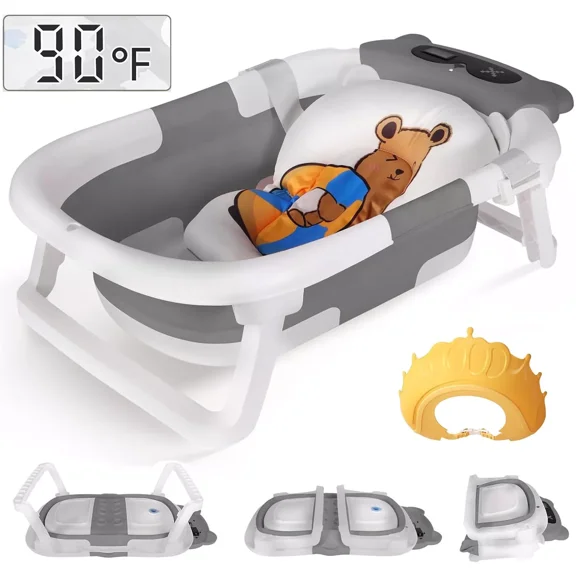 TOPCHANCES Foldable Baby Bathtub for Infants to Toddler, Portable Travel Bathtub with Thermometer & Bath Cushion & Bath Cap, Baby Bathtub for Newborn 0-12 Month (Grey)
