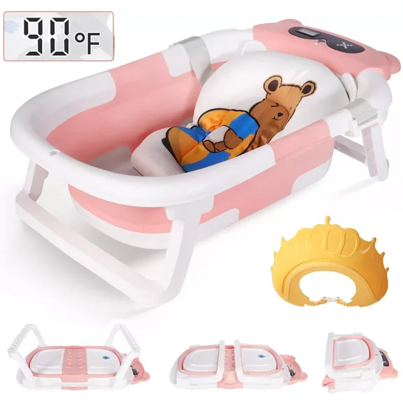 TOPCHANCES Foldable Baby Bathtub for Infants to Toddler, Portable Travel Bathtub with Bath Cushion & Bath Cap, Baby Bathtub for Newborn 0-12 Month (Pink)