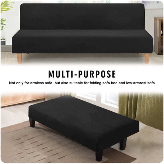 TOPCHANCES Folding Sofa Bed Cover Solid Color Futon Armless Slipcover Thick Velvet Elastic Fabric All-Inclusive Cover, Black