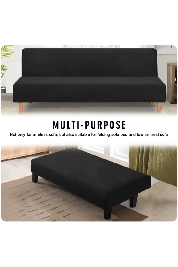 Folding Sofa Bed Cover Solid Color Futon Armless Slipcover Thick Velvet Elastic Fabric All-Inclusive Cover, Black