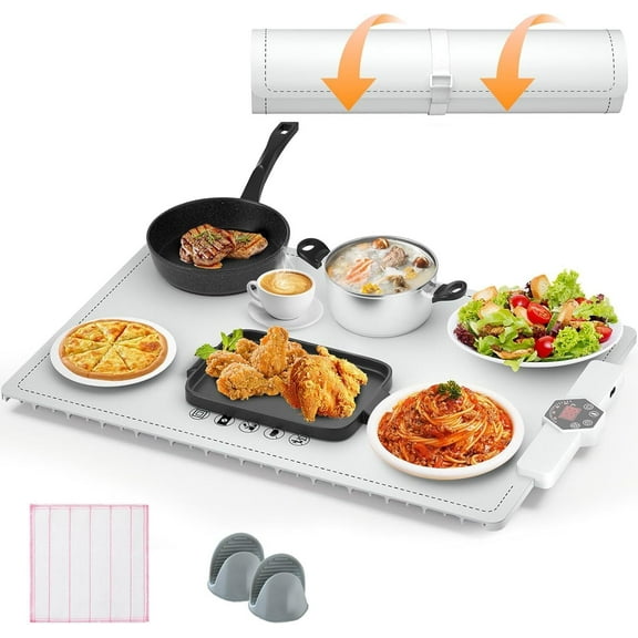 TOPCHANCES Food Warming Mat, Foldable Roll Up Silicone Electric Warming Tray with 5 Level Temperature, 9mm Anti-Scald Upgrade, 24H Heating by Appointment (White)