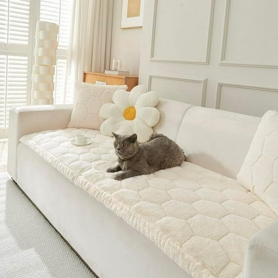 TOPCHANCES Fuzzy Couch Covers for Pets, Thickened Sofa Covers Furniture Protector Mat, Pet Bed Mat Couch Cover (Beige White, 90*180cm)