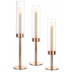 Topchances Glass Hurricane Candle Holders for Taper Candles, Set of 3 Tall Taper Candlestick Holder for Christmas Mantel Fireplace, Wedding Table Centerpiece (Rose Gold)