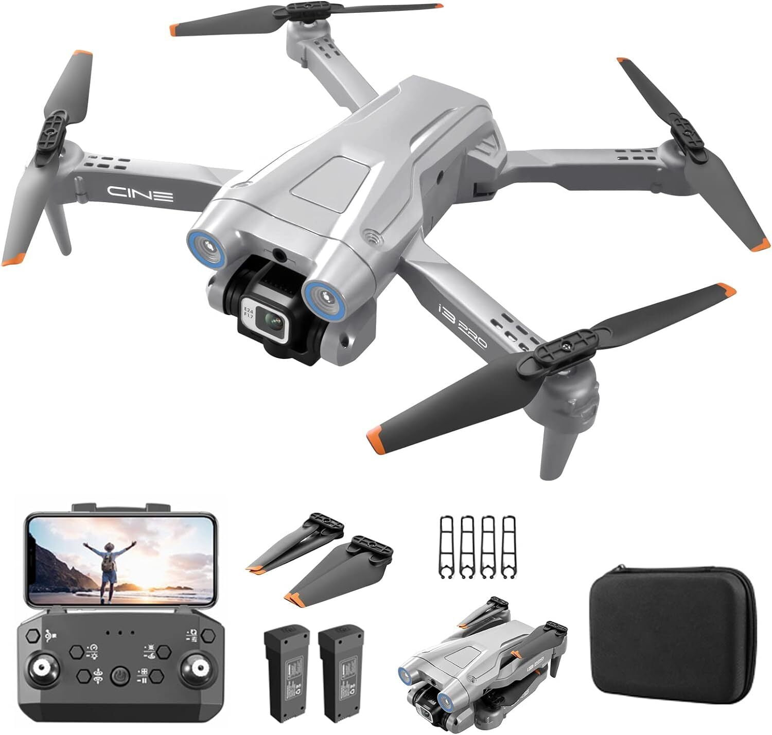 TOPCHANCES I3 PRO FPV Drone with 4K Dual Cameras, RC Quadcopter for Kids Adults with Altitude Hold, One Key Landing, Obstacle Avoidance, Headless Mode, 2 Batteries (Grey)