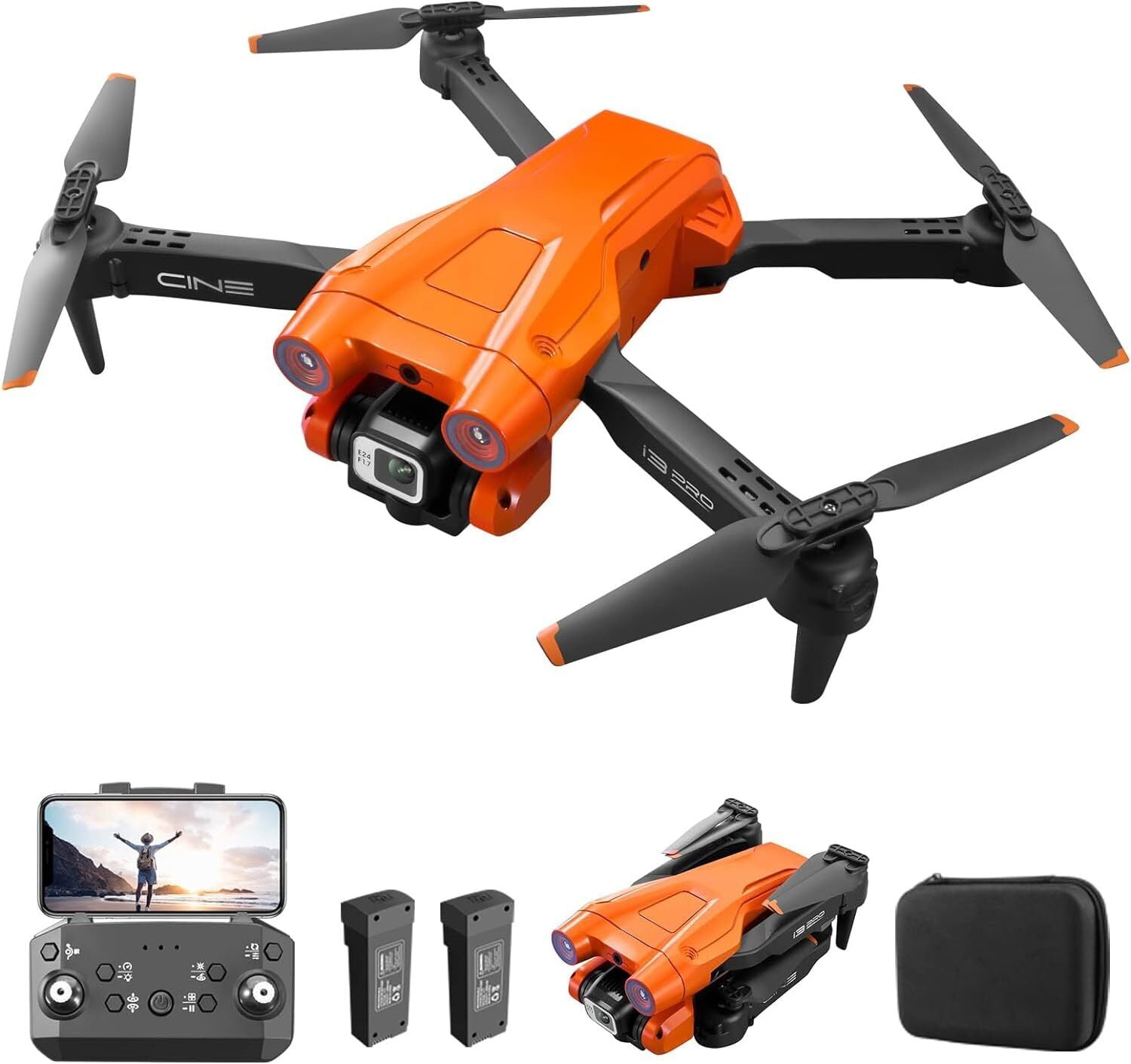 TOPCHANCES I3 PRO FPV Drone with 4K Dual Cameras, RC Quadcopter for Kids Adults with Altitude Hold, One Key Landing, Obstacle Avoidance, Headless Mode, 2 Batteries (Orange)