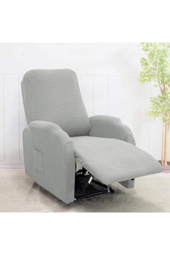 Jacquard Pattern Recliner Slipcover, 4-Pieces Stretch Armchair Cover for Small Recliner Chairs, Glider Recliner Chairs, Home Theater Seating (Light Grey)