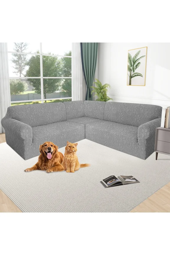 Jacquard Sectional Sofa Covers, 3-Piece Stretch Couch Slipcovers Furniture Protector for 7-Seater L-Shaped Corner Sofas ( Light Gray )