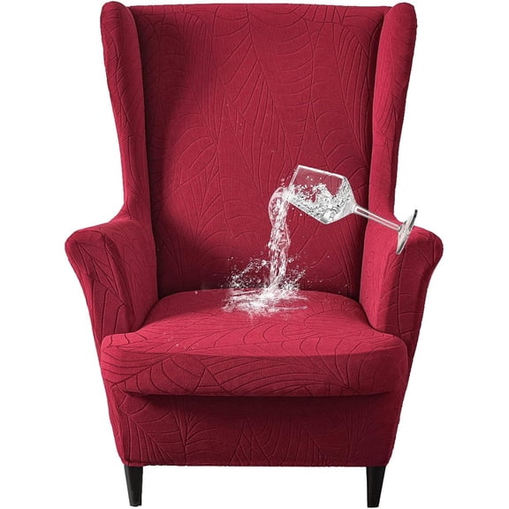 TOPCHANCES Jacquard Wingback Chair Slipcovers, 2-Piece Stretch Spandex Wing Chair Covers, Waterproof Wingback Armchair Sofa Slipcover for Living Room Bedroom ( Wine Red )