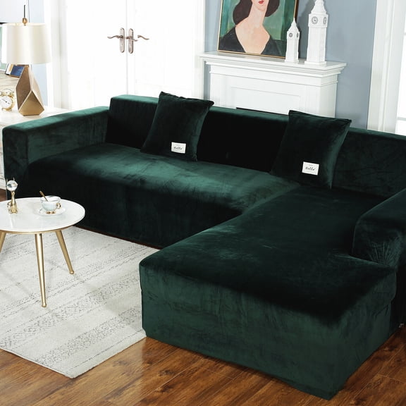 TOPCHANCES L Shape Couch Covers, Soft Velvet Sectional Sofa Cover, Stretch Furniture Protector Couch Slipcover for L Shape(3 Seater+4 Seater), Dark Green