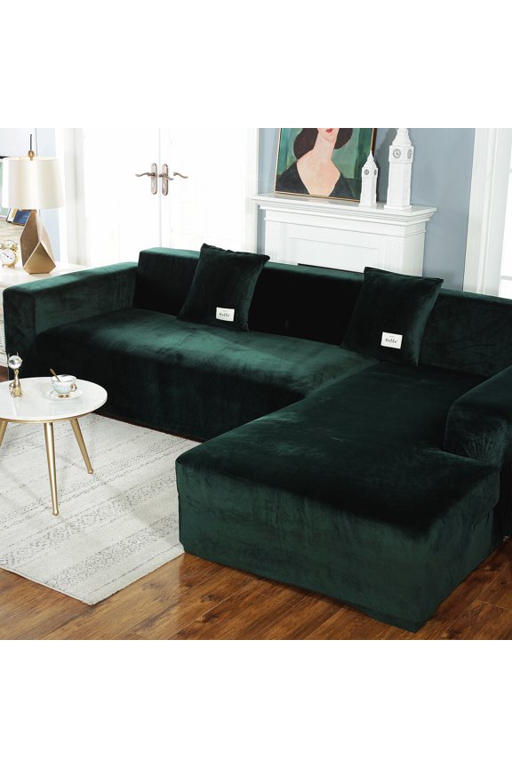 L Shape Couch Covers, Soft Velvet Sectional Sofa Cover, Stretch Furniture Protector Couch Slipcover for L Shape(3 Seater+4 Seater), Dark Green