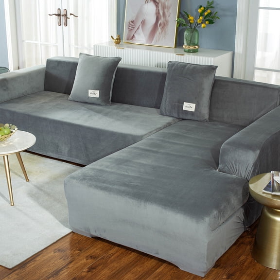 TOPCHANCES L Shape Couch Covers, Soft Velvet Sectional Sofa Cover, Stretch Furniture Protector Couch Slipcover for L Shape(3 Seater+4  Seater), Light Grey