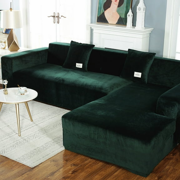 TOPCHANCES L Shape Couch Covers, Soft Velvet Sectional Sofa Cover, Stretch Furniture Protector Couch Slipcover for L Shape(3 Seater+4  Seater), Dark Green