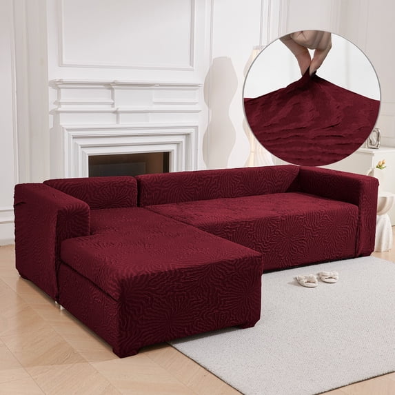TOPCHANCES L Shape Sofa Cover, Sectional Couch Slipcover with 2pcs Pillowcases, Spandex Non Slip Furniture Protector for L-Shape 3 Seater + 4 Seater Corner Couch (Burgundy)