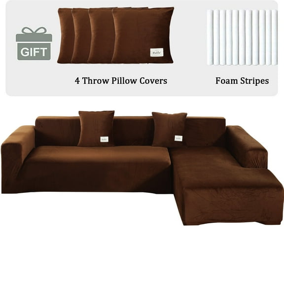 TOPCHANCES L Shape Sofa Covers Stretch 2 Piece Sectional Couch Slipcovers Furniture Protector 3+4 Seater, with 4pcs Pillowcases, Brown
