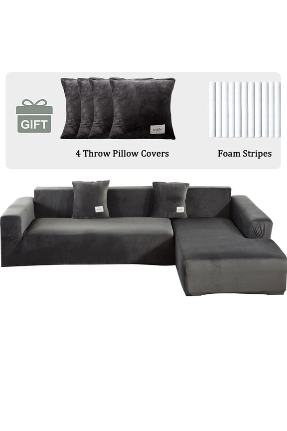 L Shape Sofa Covers Stretch 2 Piece Sectional Couch Slipcovers Furniture Protector 3+4 Seater, with 4pcs Pillowcases, Dark Grey