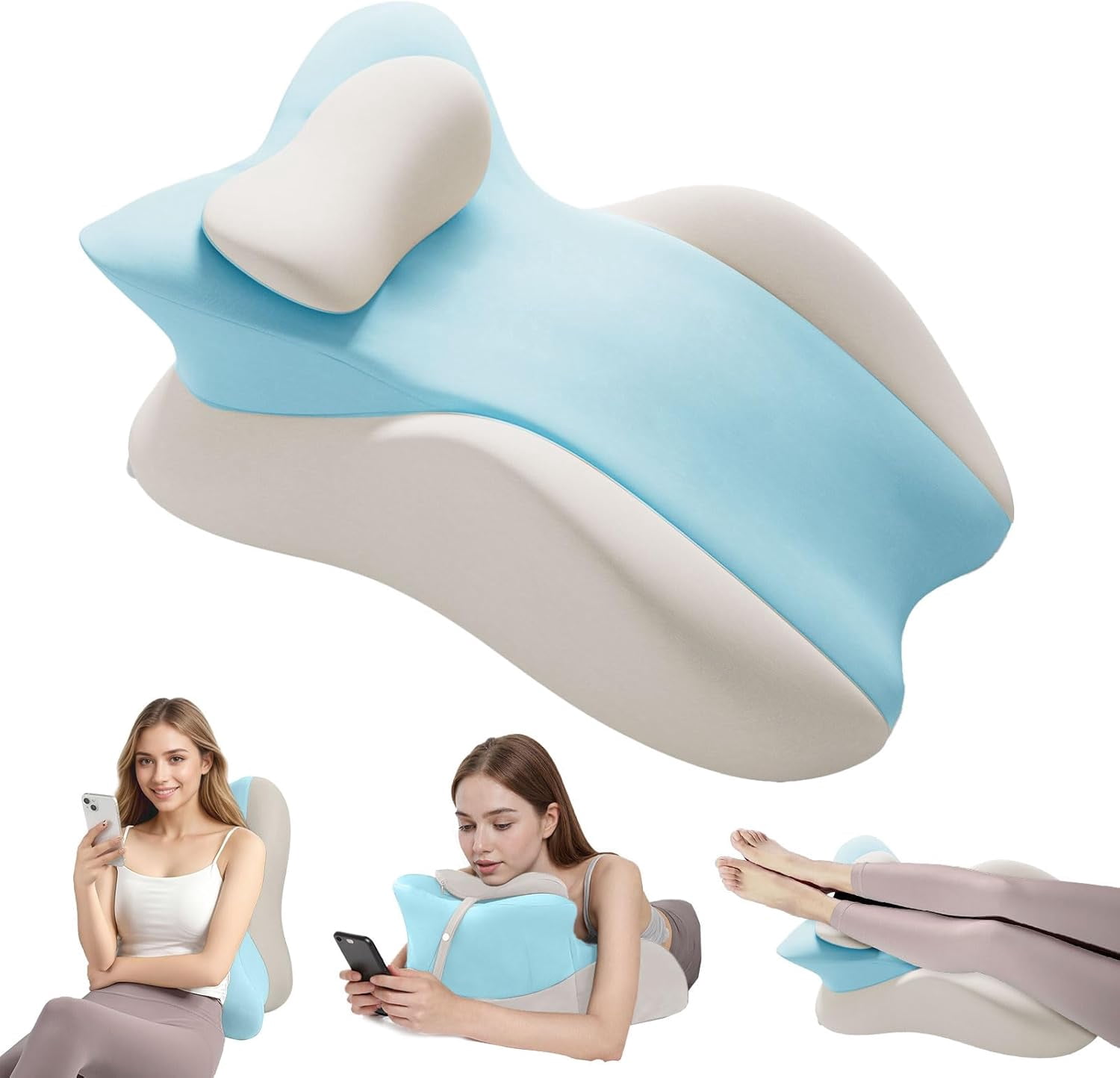 TOPCHANCES Lumbar Support Pillow, Memory Foam Back Support Cushion, Orthopaedic Bed Wedge Pillow with Removable Headrest, Ergonomic Backrests for Back, Neck, Lumbar & Legs (Blue/Gray)