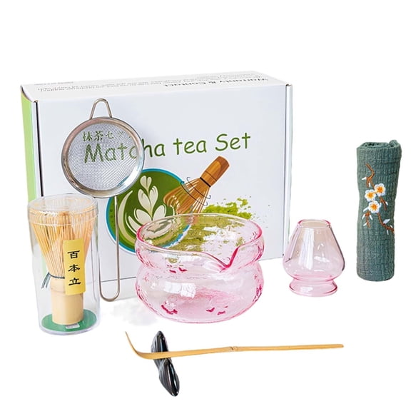 TOPCHANCES Matcha Tea Set, 7pcs Glass Matcha Whisk Kit with Matcha Bowl, Matcha Whisk, Whisk Holder, Strainer, Scoop, Scoop Holder and Tea Cloth (Pink)