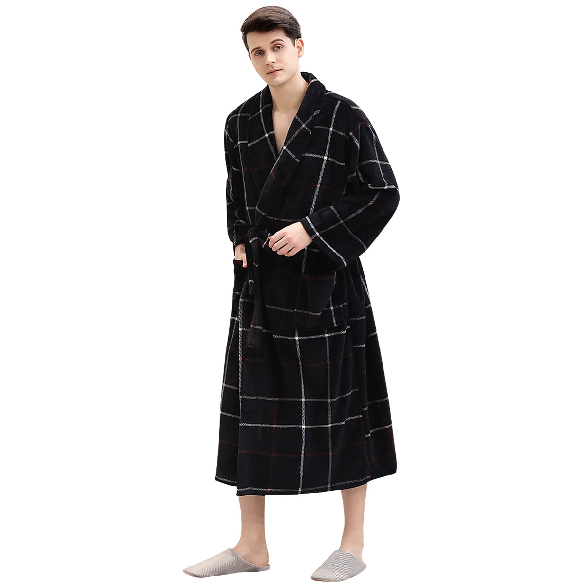 Lovor Men's Soft Hooded Fleece Plush Robe Full Length Shawl Bathrobe Winter Warm Shawl Home Clothes Long Sleeved Robe Coat