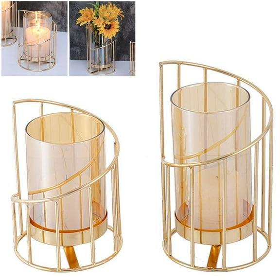 TOPCHANCES Metal Wire Candle Holders, Set of 2 Pillar Candle Holders, Decorative Tea Light Candleholders with Glass Hurricane Cover, Table Decorations Centerpiece Gold