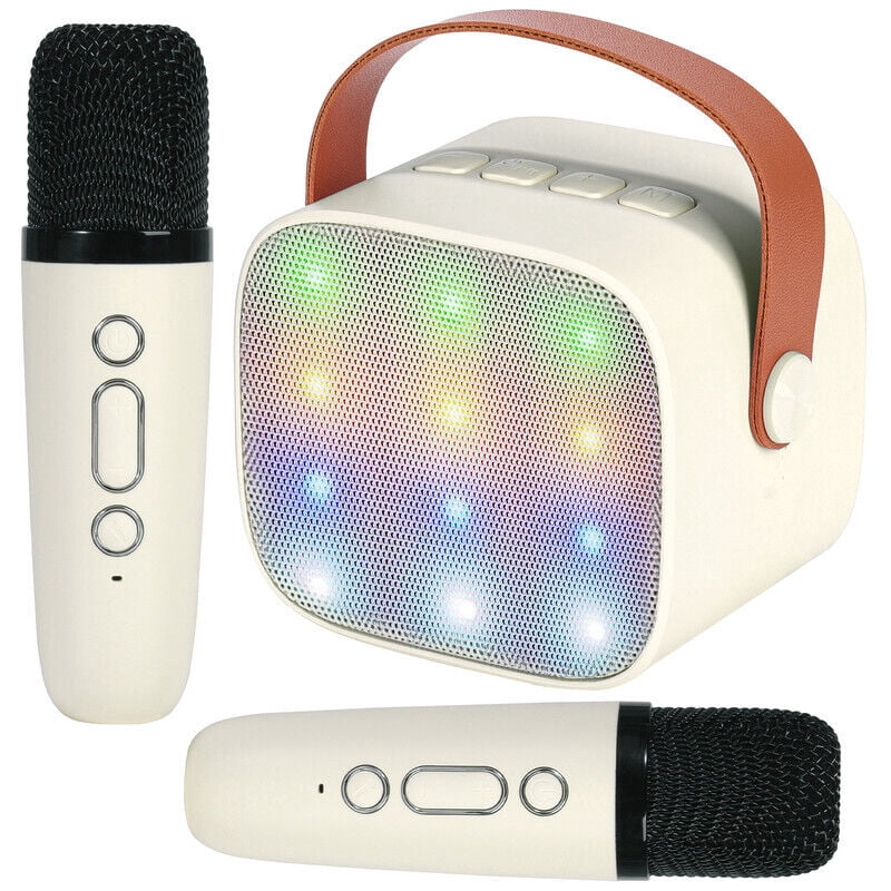 TOPCHANCES Mini Karaoke Machine for Kids, Portable Bluetooth Karaoke Speaker with 2 Wilreless Microphones and Dynamic Lights, Ideal Gifts for Girls Boys Home Party ( Beige )