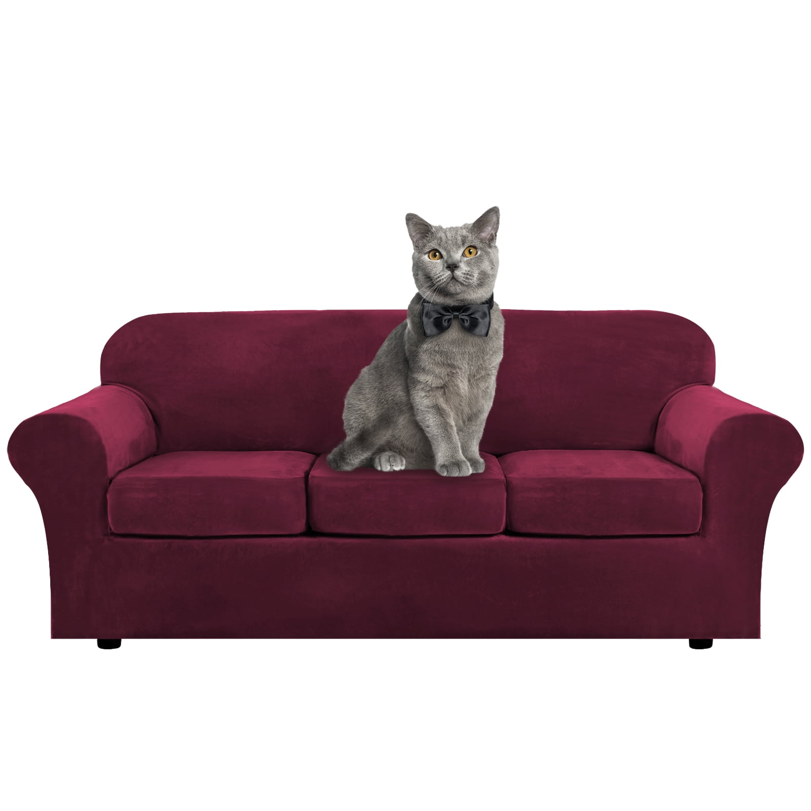 Red Velvet Stretch Sofa Cover for 3-Seater Couch