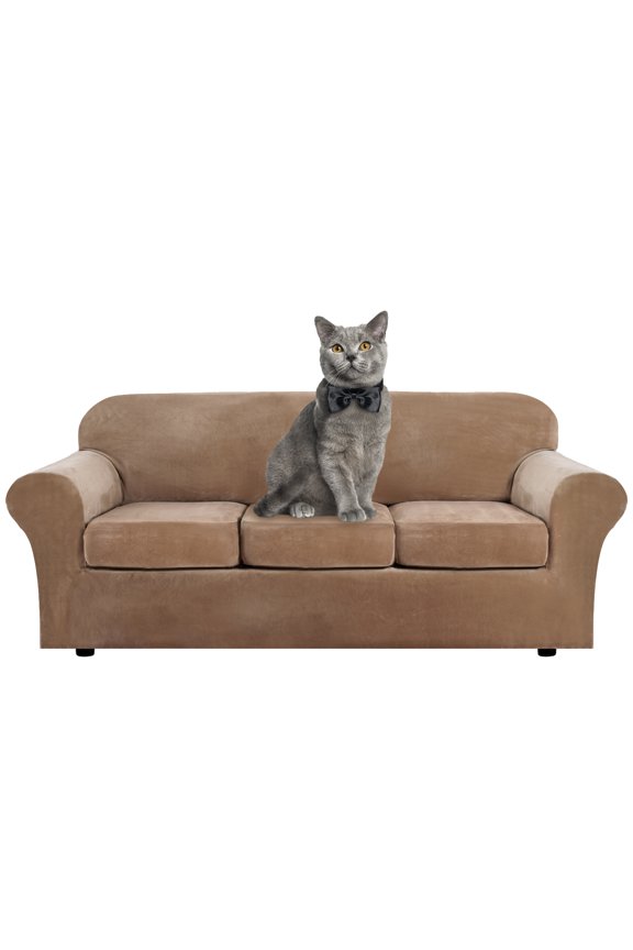 Modern Velvet Plush 4 Piece High Stretch Sofa Slipcover Sofa Cover Furniture Protector Form Fit Luxury Thick Velvet Sofa Cover for 3 Cushion Couch, Machine Washable