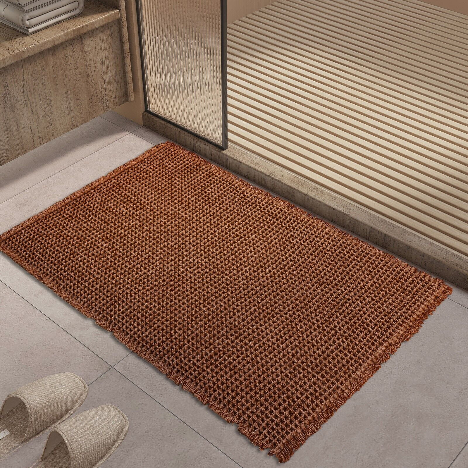 TOPCHANCES Non Slip Bath Mat, Waffle Woven Bathroom Mat, Super Absorbent Shower Mat Bathtub Mat, Front Door Mat with Tassels (19*31 in, Coffee)