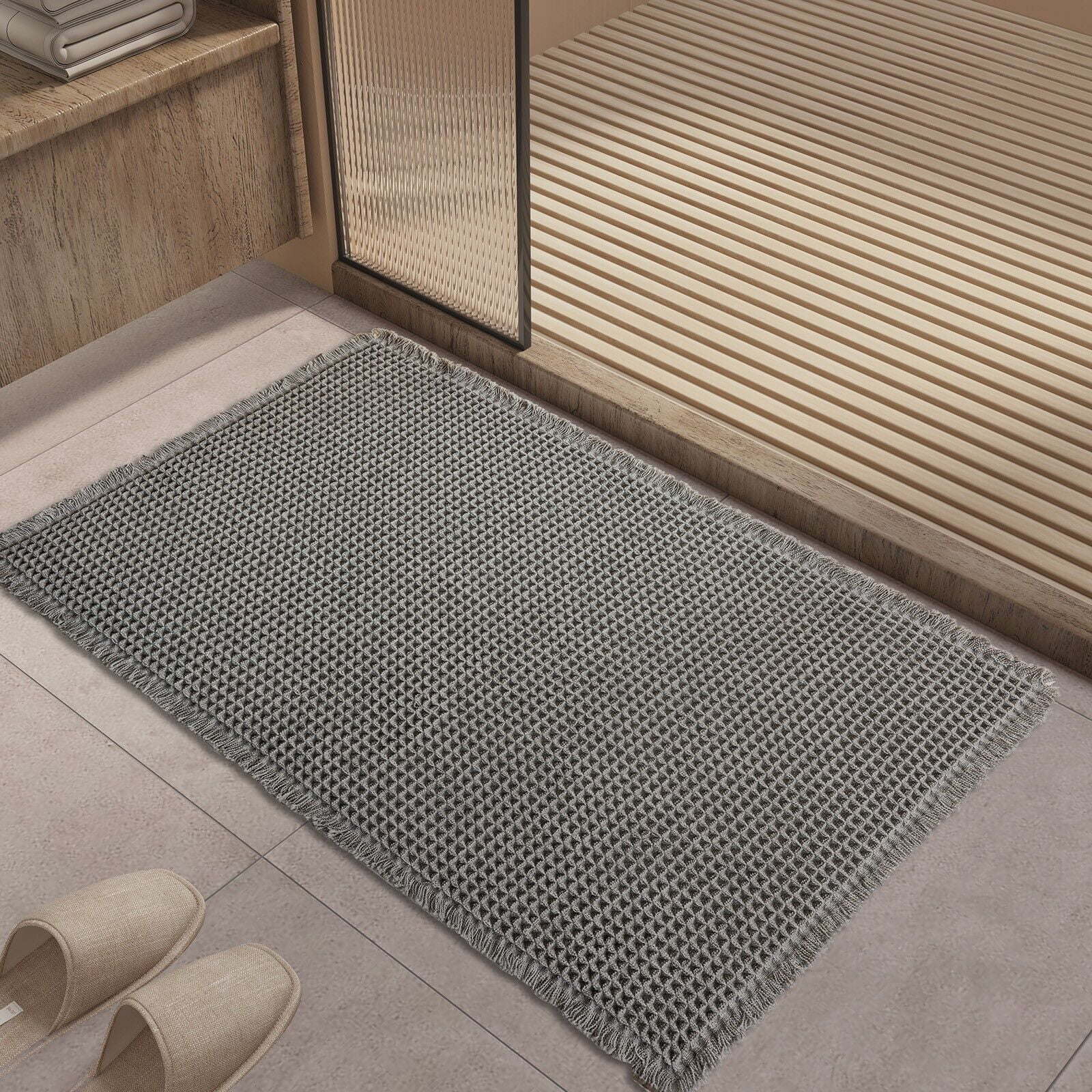 TOPCHANCES Non Slip Bath Mat, Waffle Woven Bathroom Mat, Super Absorbent Shower Mat Bathtub Mat, Front Door Mat with Tassels (23*35 in, Grey)
