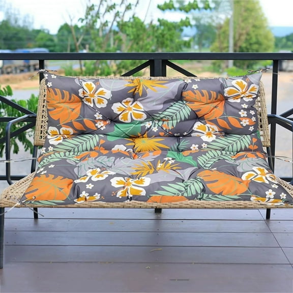Topchances Outdoor Bench Cushion with Backrest and Ties, Waterproof, 59" x 39" x 4", Gray and Leaves