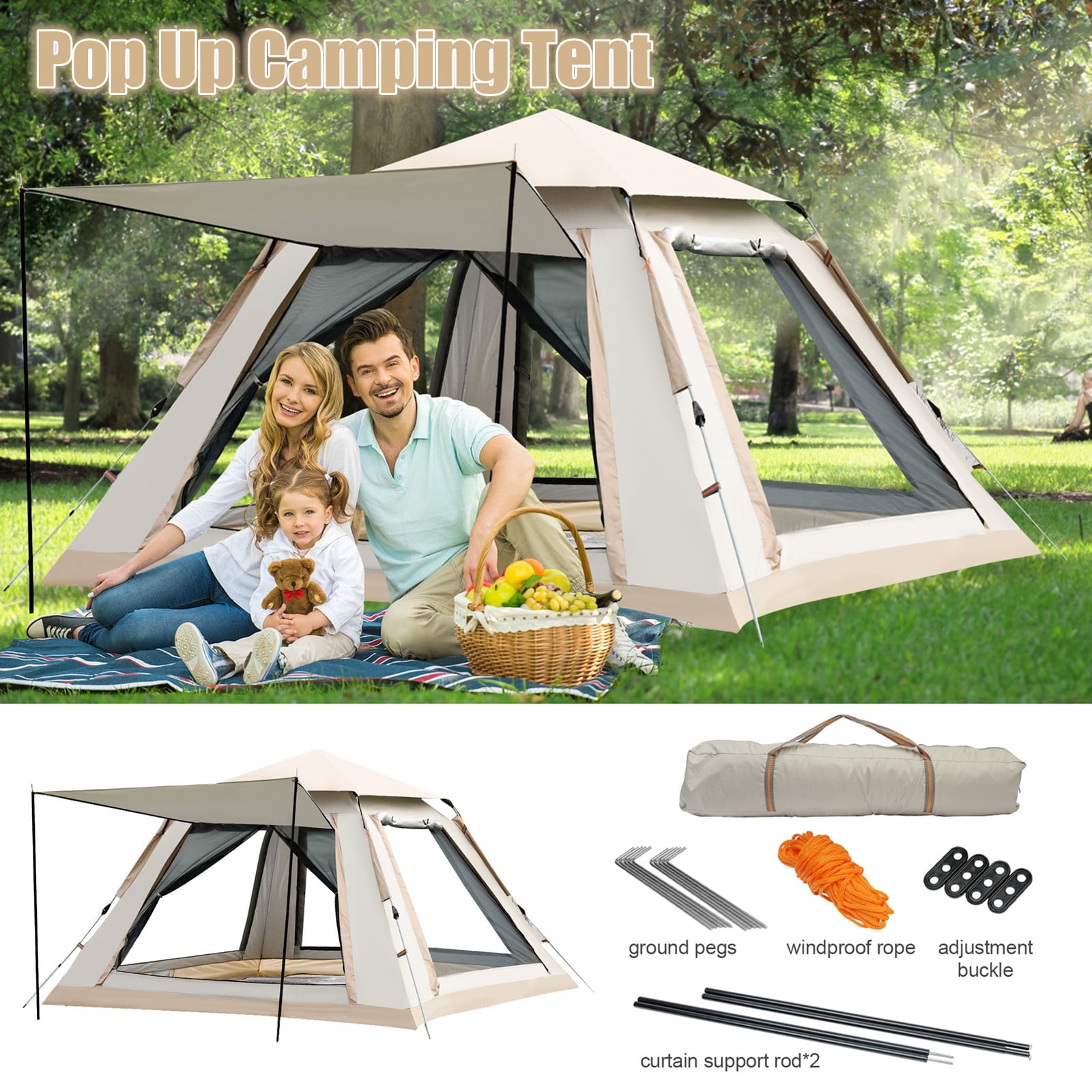 TOPCHANCES Outdoor Camping Tent for 3-4 Person, Automatic Pop-Up Tent, Waterproof & Windproof For Family Hiking, Car Trip - Beige
