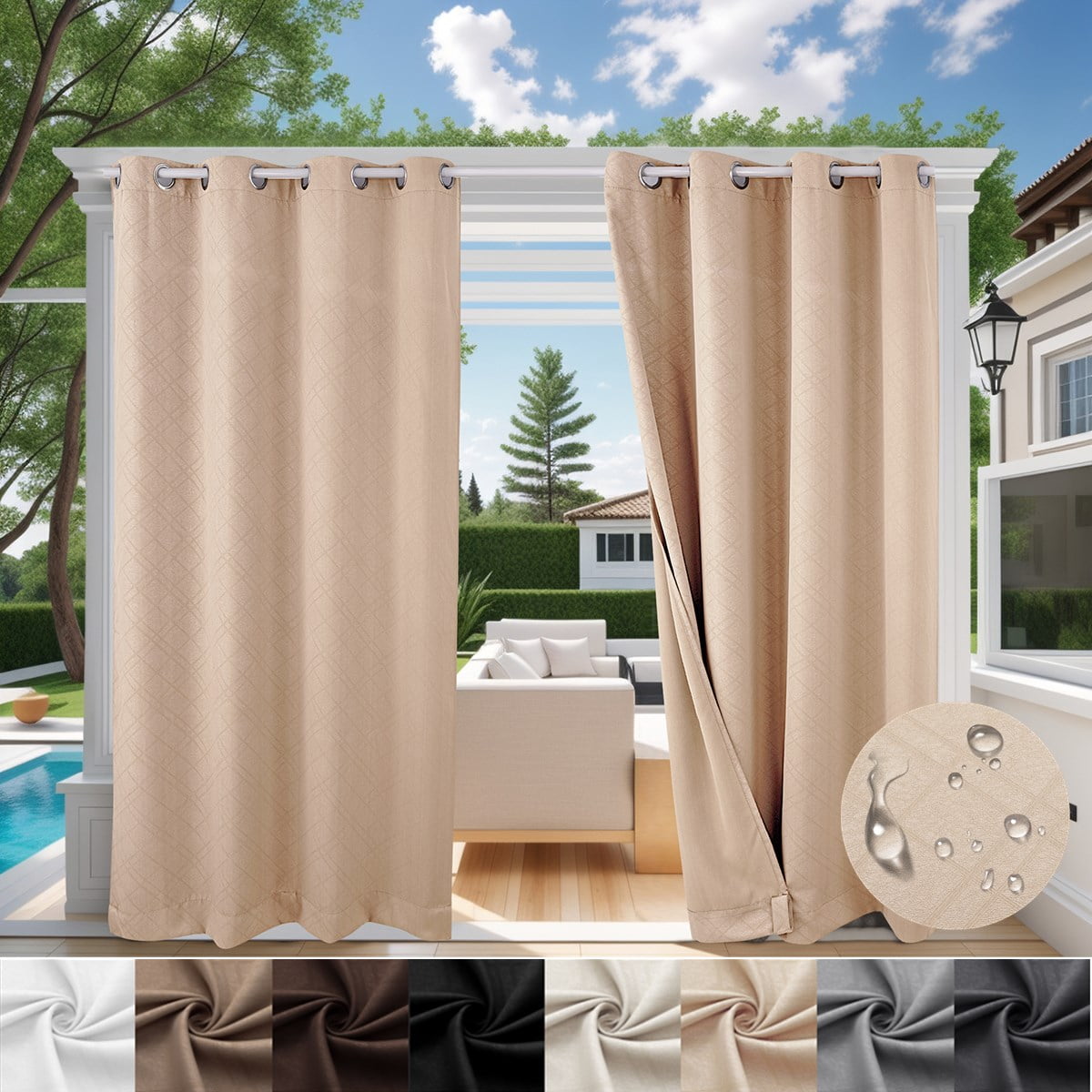 TOPCHANCES Outdoor Curtains Waterproof Windproof 3D Embossed Pattern Curtain for Patio, Porch, Pergola, Gazebo, Grommet Top and Tab Bottom Drape, 2 Panels, 52x108 inch, Beige