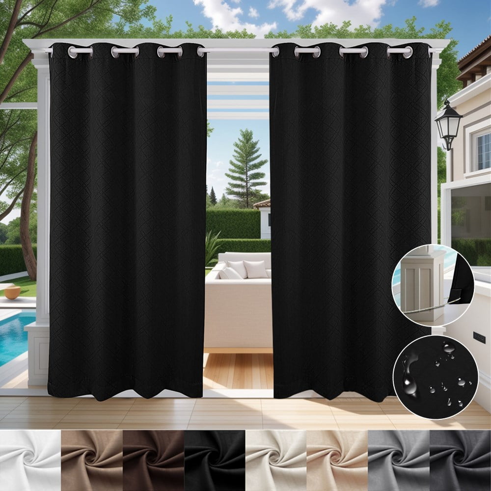 TOPCHANCES Outdoor Curtains Waterproof Windproof 3D Embossed Pattern Curtain for Patio, Porch, Pergola, Gazebo, Grommet Top and Tab Bottom Drape, 2 Panels, 52x84 inch, Black
