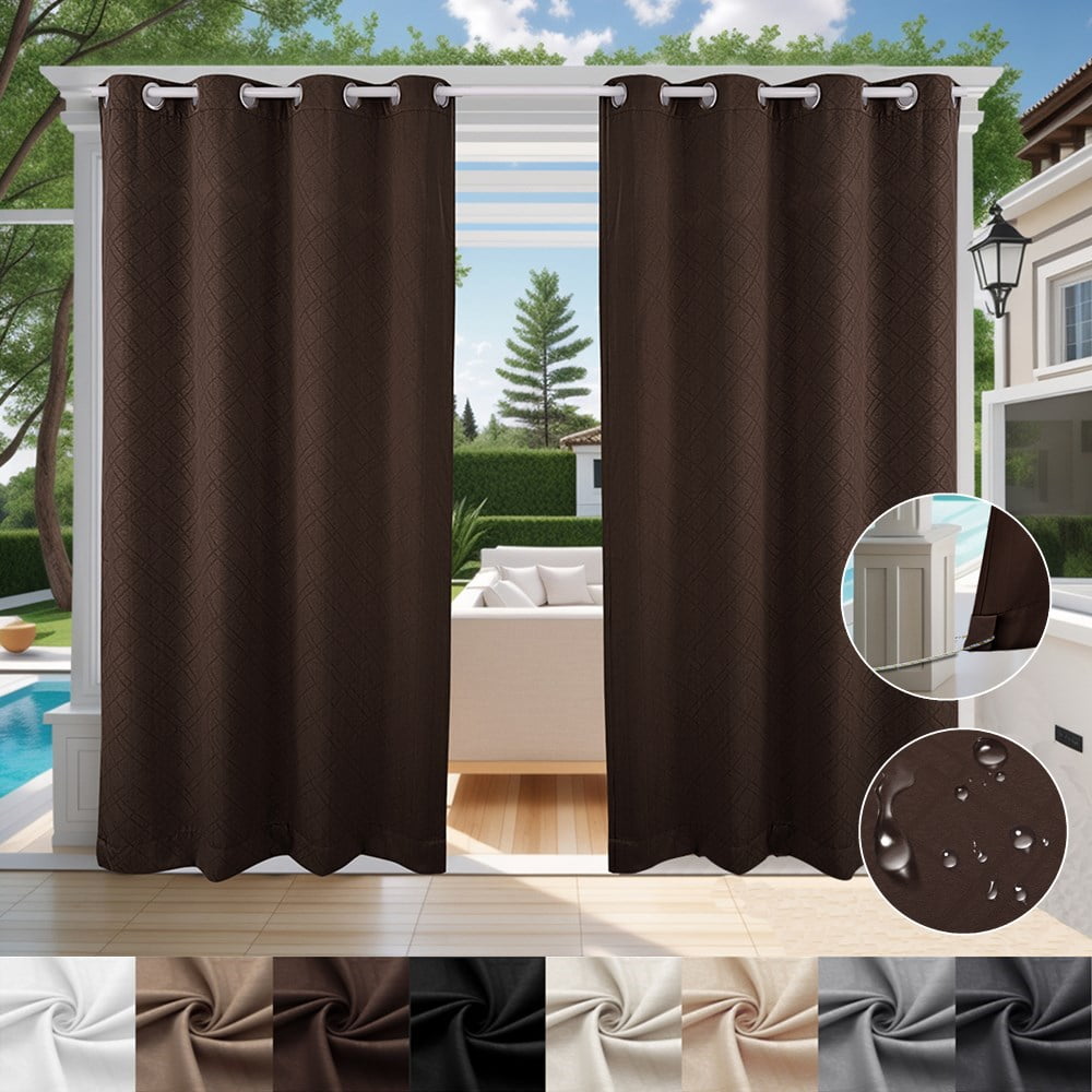 TOPCHANCES Outdoor Curtains Waterproof Windproof 3D Embossed Pattern Curtain for Patio, Porch, Pergola, Gazebo, Grommet Top and Tab Bottom Drape, 2 Panels, 52x84 inch, Brown