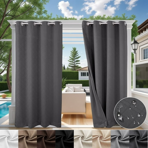 TOPCHANCES Outdoor Curtains Waterproof Windproof 3D Embossed Pattern Curtain for Patio, Porch, Pergola, Gazebo, Grommet Top and Tab Bottom Drape, 4 Panels, 52x84 inch, Dark Grey